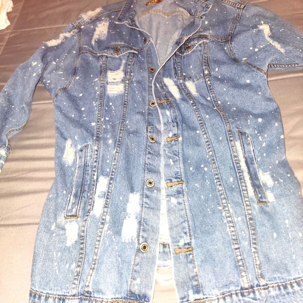Distressed Jean Mid Length Jean Jacket
